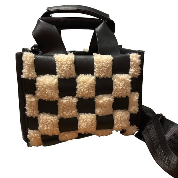 NWOT Steve Madden black and Faux Fur Checkered Handbag - Picture 1 of 11